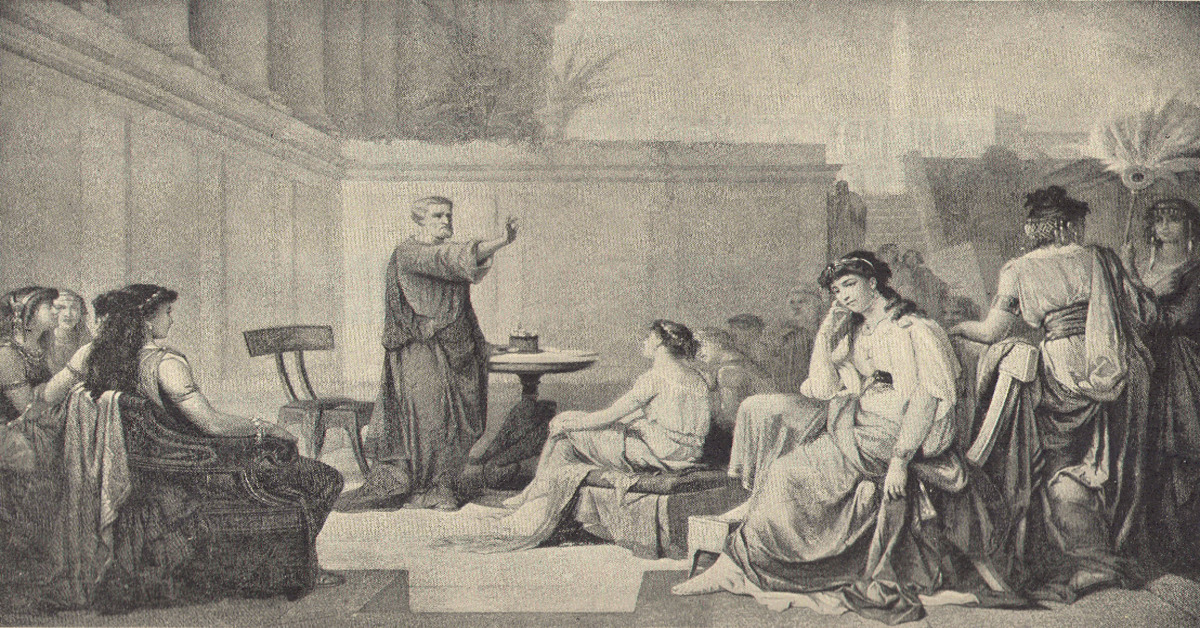 Illustration from 1913 showing Pythagoras teaching a class of women. Many prominent members of his school were women and some modern scholars think that he may have believed that women should be taught philosophy as well as men.