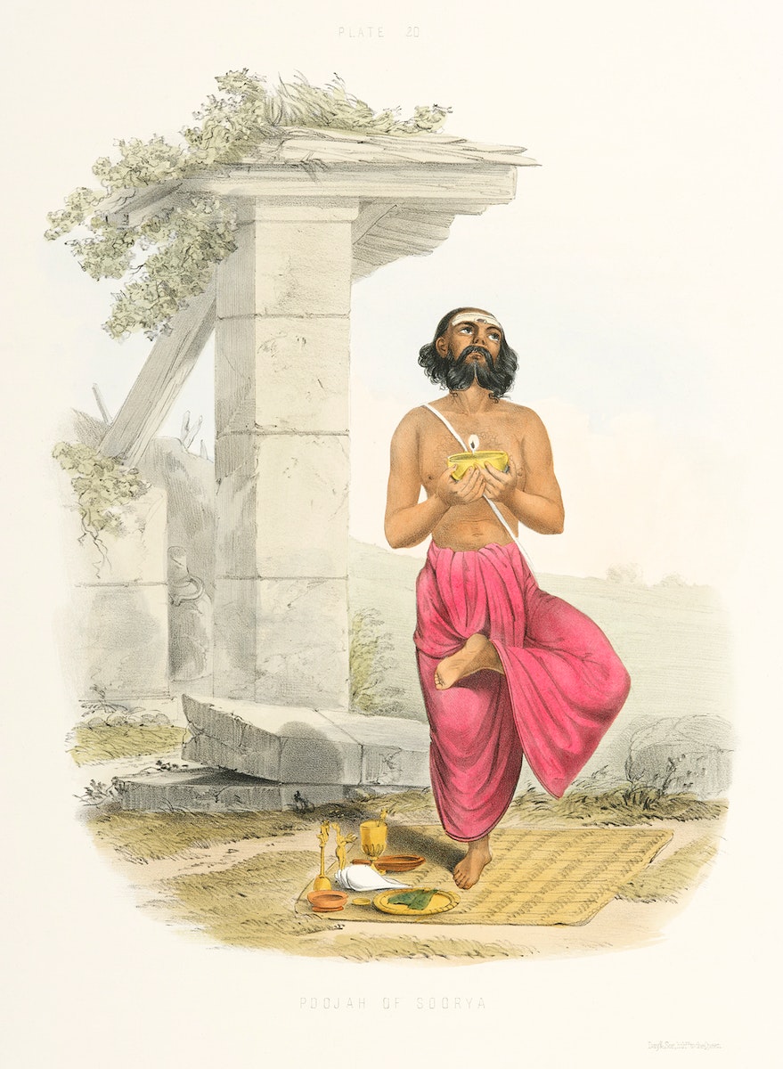 Pooja to Soorya (Sun) from The Sundhya or the Daily Prayers of the Brahmins (1851) by Sophie Charlotte Belnos (1795–1865).