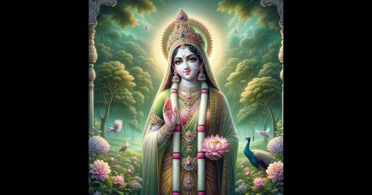 A divine depiction of Shree Radha, adorned in traditional Indian attire. She is depicted with a serene and compassionate expression, standing graceful
