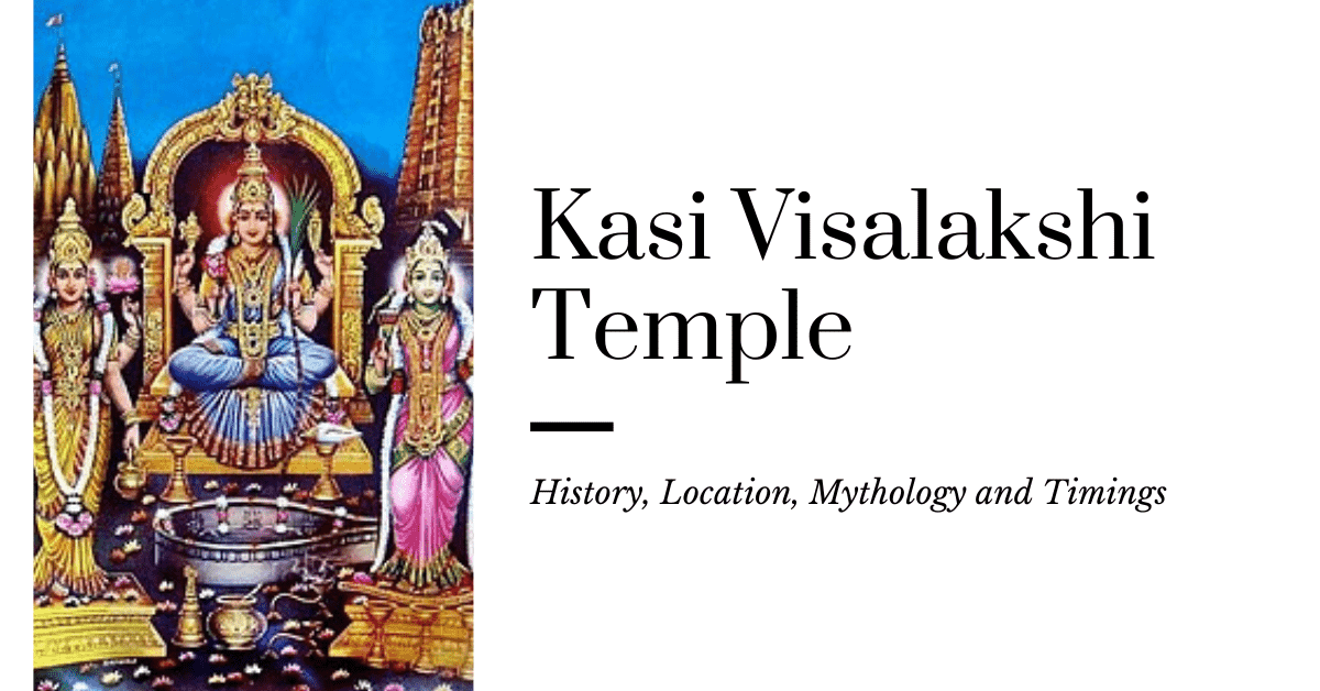 An illustration of Goddess Visalakshi seated in a grand temple setting with other deities, showcasing traditional South Indian temple architecture with vibrant colors and intricate details.