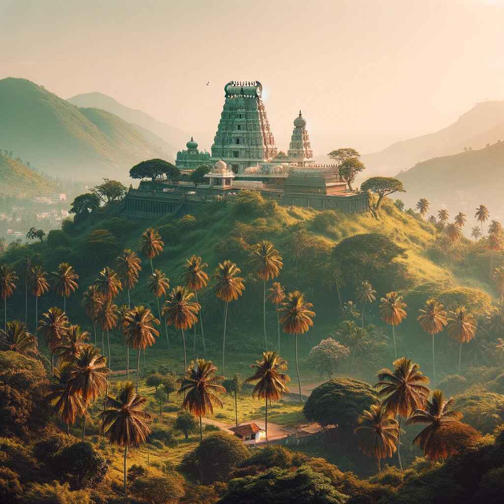 A scenic view of Palani Murugan Temple (a Arupadai Veedu Murugan Temple) situated on a hill, with lush green surroundings, palm trees in the foreground, and the temple structure visible.