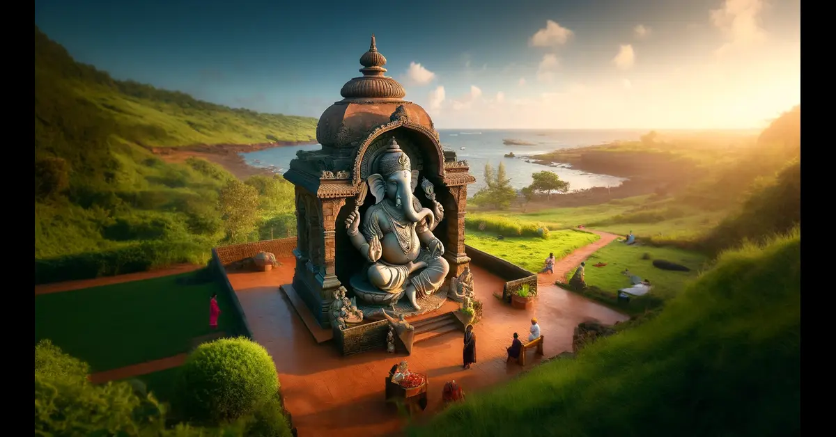 A serene imagined landscape of the Redi Ganpati Temple located in the village of Redi, Maharashtra. The temple is near the coast, featuring a beautifully carved stone idol of Lord Ganesha in a sitting position with two arms. The scene includes lush greenery, a clear blue sky, and the sea in the background. Devotees are seen offering prayers and taking photos. The temple's simple yet elegant architecture blends harmoniously with the natural surroundings.