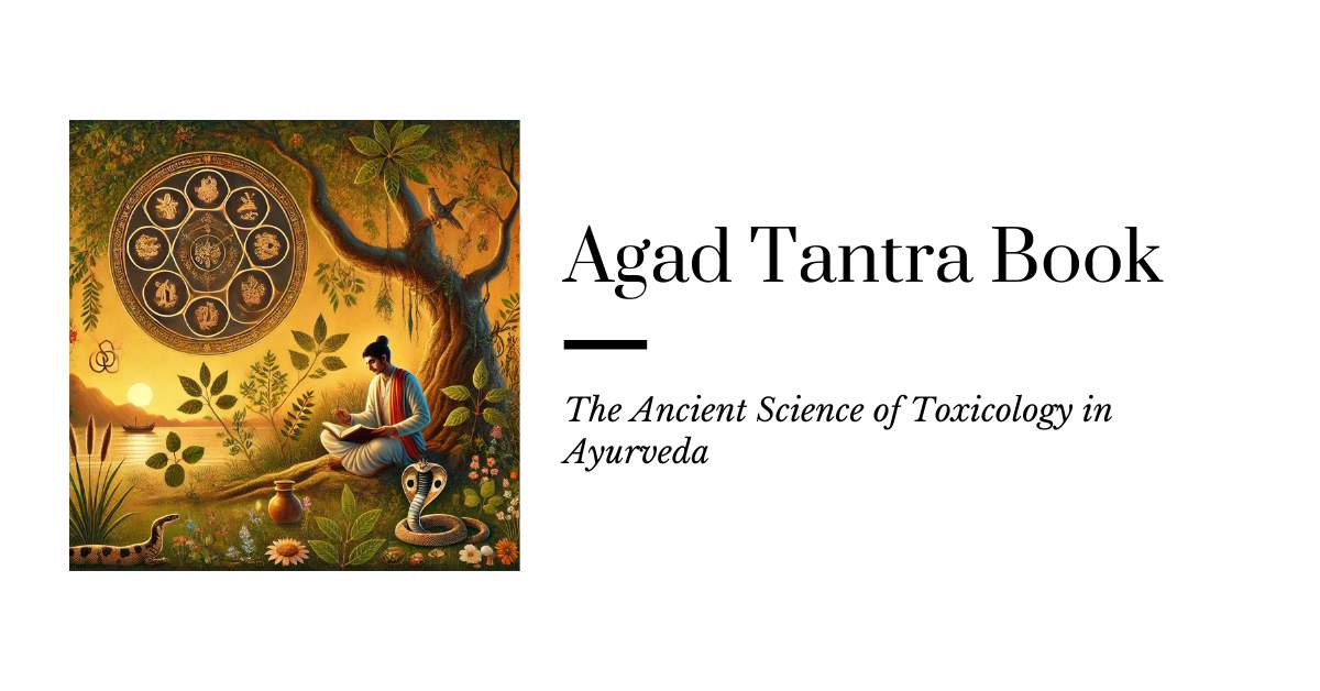 An ancient Ayurvedic healer reading an Agad Tantra book under a tree, surrounded by natural elements like herbs, plants, and animals, symbolizing the traditional study of toxicology in Ayurveda.