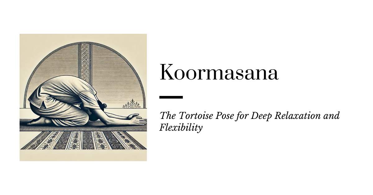 A person performing Koormasana (Tortoise Pose) on a yoga mat, with a deep forward bend, arms extended underneath the legs, and head lowered close to the floor, in a calm and tranquil setting.