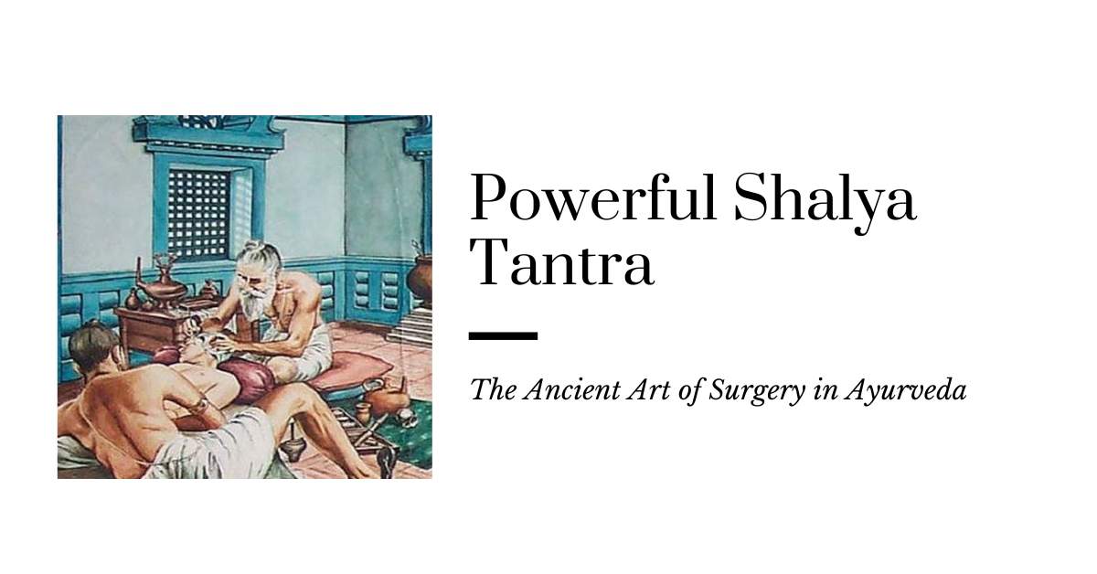 An Ayurvedic surgeon performing a traditional surgical procedure in an ancient Indian setting, surrounded by herbal medicines, surgical tools, and Ayurvedic texts, representing the ancient art of Shalya Tantra.