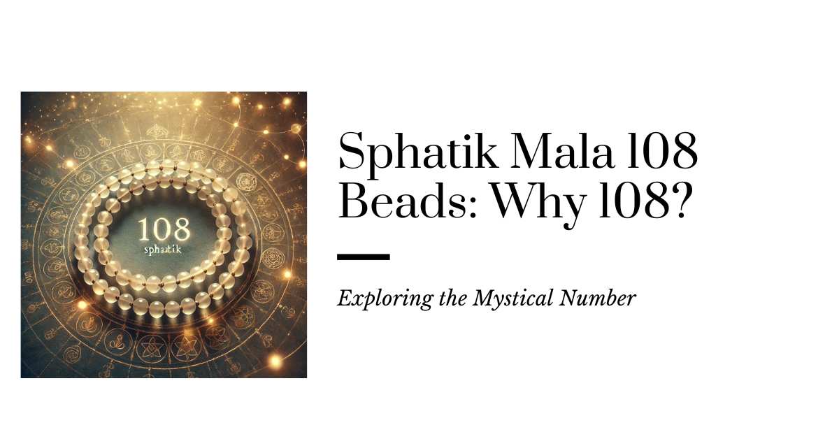 A serene and mystical Sphatik Mala with 108 beads arranged in a circular pattern, set against a warm, golden-hued background with subtle spiritual symbols.