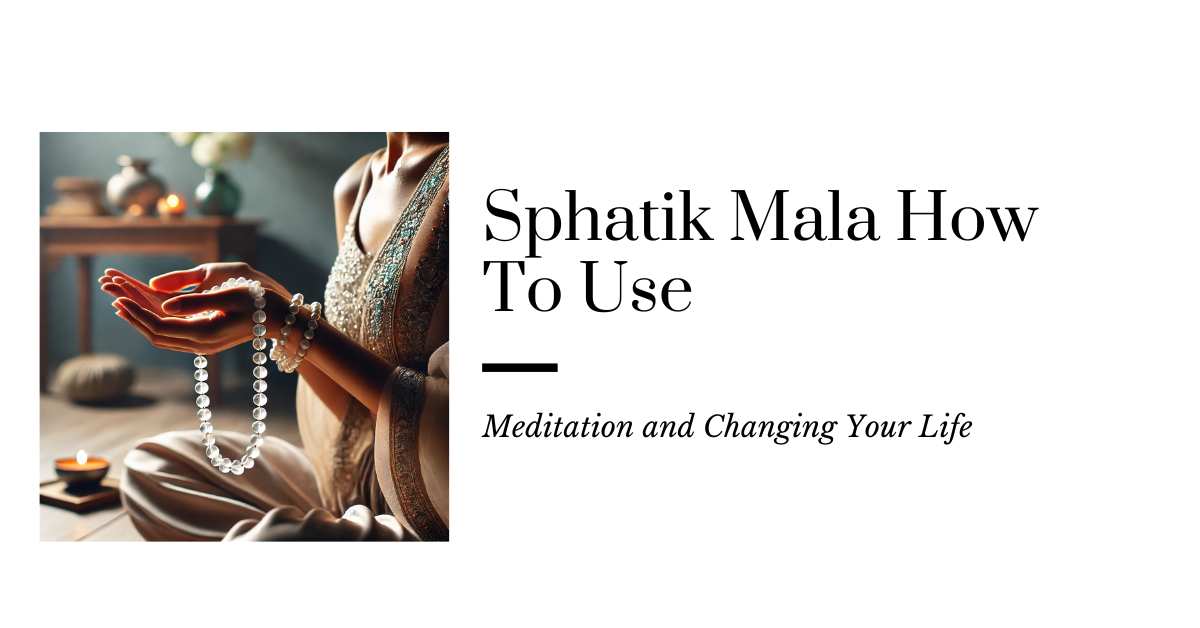 A serene person sitting in meditation, using a sphatik mala (crystal prayer beads) in a peaceful, spiritual setting.