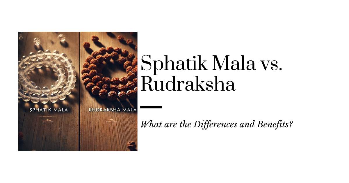 Comparison image of a Sphatik Mala made of clear crystal beads and a Rudraksha Mala made of brown seed beads.