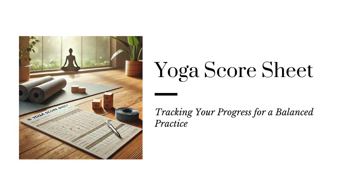 A peaceful yoga studio with a person practicing yoga on a mat, alongside a yoga score sheet on a clipboard, surrounded by calming elements like candles and plants.