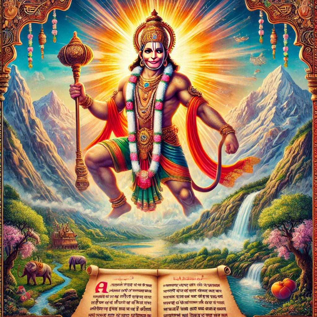 Here is the artistic depiction of the Hanuman Ashtak, featuring Lord Hanuman in a powerful and divine pose, symbolizing protection and strength. The scene embodies spirituality and hope, with traditional elements and intricate details.