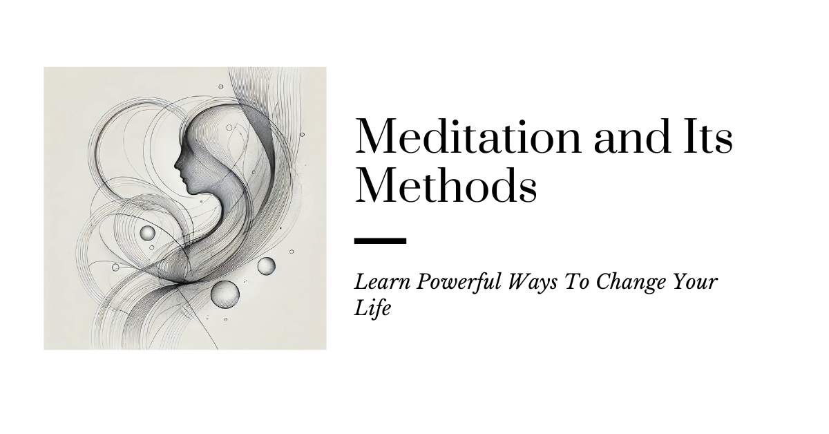 An abstract sketch depicting the fluid and flowing concept of meditation and its methods, with interconnected shapes symbolizing calmness, clarity, and harmony of mind, body, and spirit.