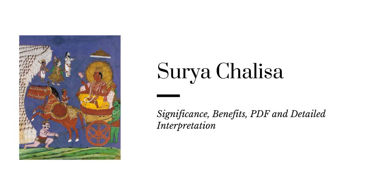 An ancient depiction of Surya, the Sun God, riding a chariot pulled by horses. The image is used as a cover for a post titled "Surya Chalisa - Significance, Benefits, PDF and Detailed Interpretation.