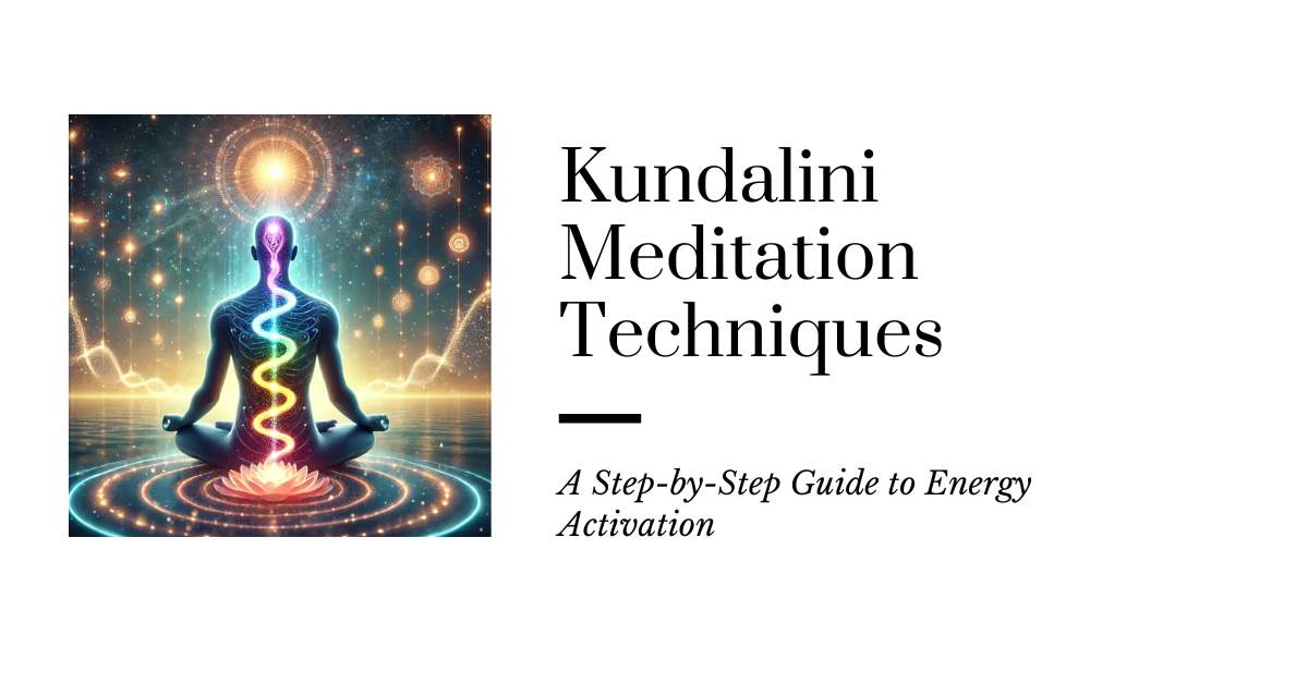 A meditative figure in a lotus position with a glowing serpent coiled at the base of the spine, representing Kundalini energy rising through the seven chakras, surrounded by peaceful cosmic energy.