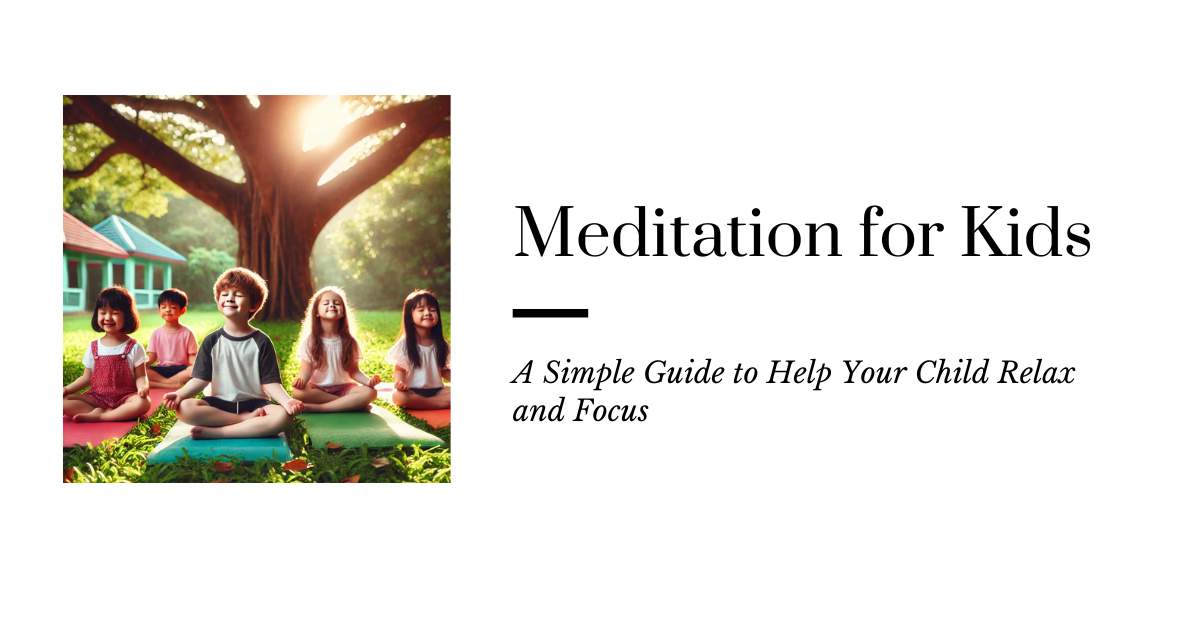 Young children practicing meditation for kids sit cross-legged on colorful yoga mats under a large tree in a peaceful garden. Soft sunlight filters through the leaves, creating a warm, tranquil setting. The children smile gently with closed eyes, embodying calm and relaxation, ideal for mindfulness practices for kids.